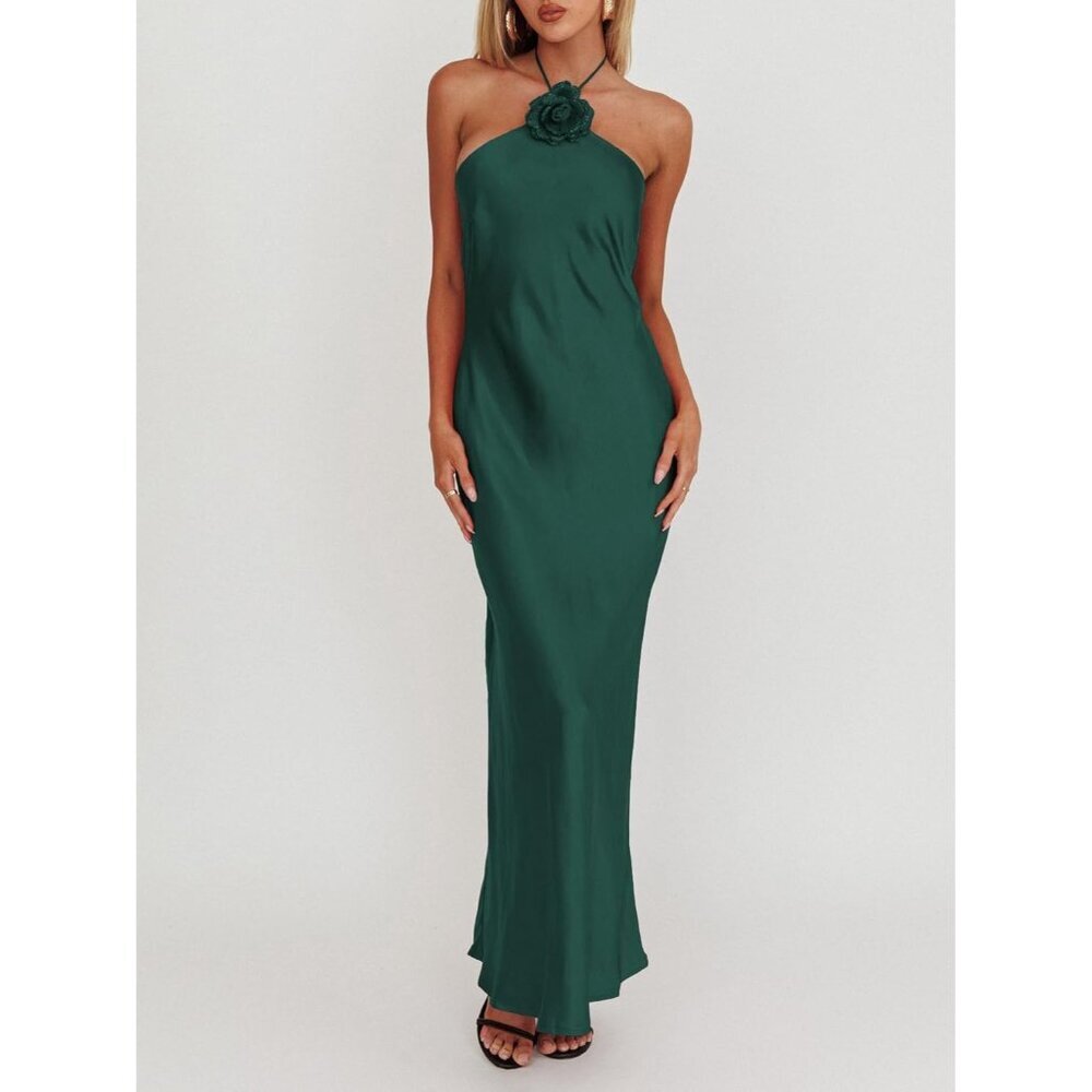 Women's Emerald Summer Silk Sleeveless Cocktail Formal Backless Long Maxi - Picture 2 of 6
